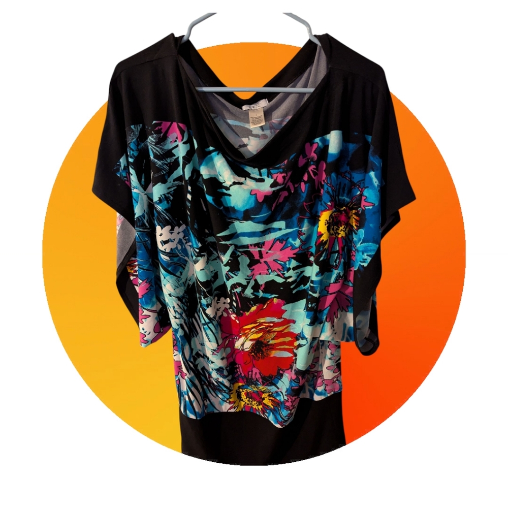 Cache Tunic Dress Top Womens Size S Kimono Sleeves Abstract Floral Boat Neck